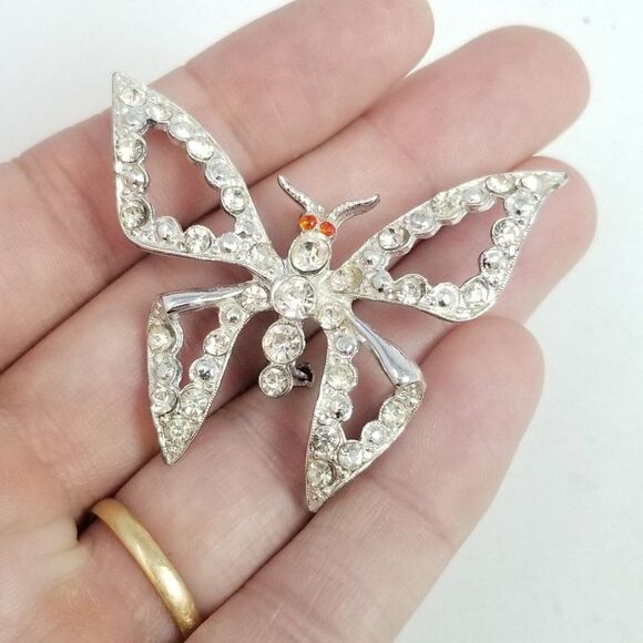 Vintage Rhinestone Butterfly Brooch, Silver Tone Red Eyes Estate, Missing Stones - Picture 1 of 5